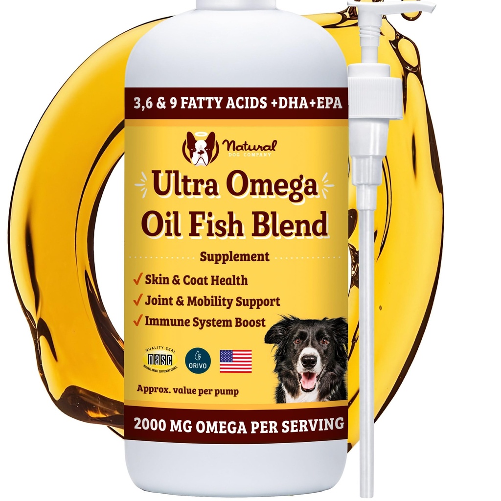 Natural Dog Company Ultra Omega Oil for Dogs a 2000 MG Omega 3, 6, 9 avec Salmon, Pollock & Linseed Oil, EPA & DHA, Supplément de chien pour la peau, manteau, articulations, allergie et démangeaison, Dog Fish Oil 16oz