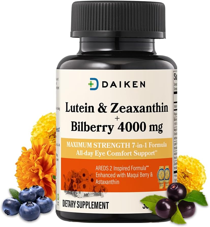 DAIKEN Lutéine et Zeaxanthin Suppléments, AREDS 2 Formule inspirée avec Astaxanthin, Maqui Berry, Bilberry, Huile de lin et vitamine E, 30 Softgels