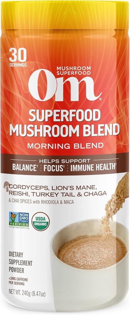 Om Mushroom Superfood Morning Energy Blend Mushroom Powder Drink, 8.47 Ounce Canister, Café Sans boisson d'énergie avec Cordyceps, Vitamine D2, Agaricus Bisporus, Lion's Mane, Rhodiola, et Turquie Tail