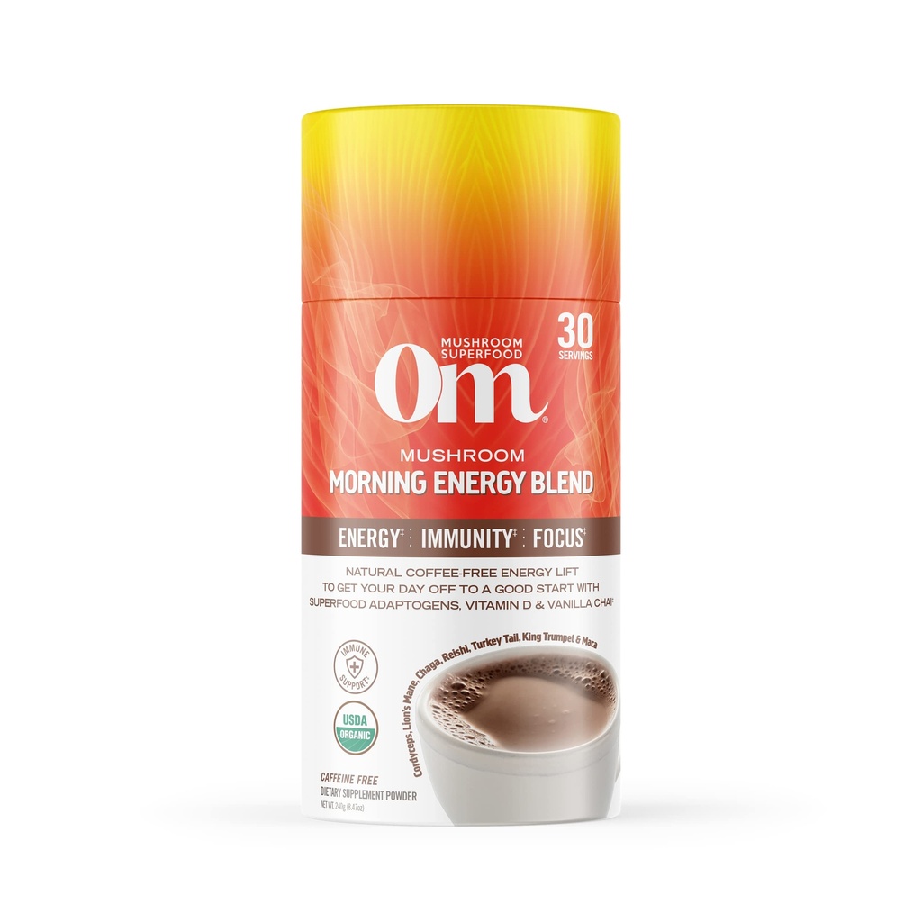 Om Mushroom Superfood Morning Energy Blend Mushroom Powder Drink, 8.47 Ounce Canister, Café Sans boisson d'énergie avec Cordyceps, Vitamine D2, Agaricus Bisporus, Lion's Mane, Rhodiola, et Turquie Tail