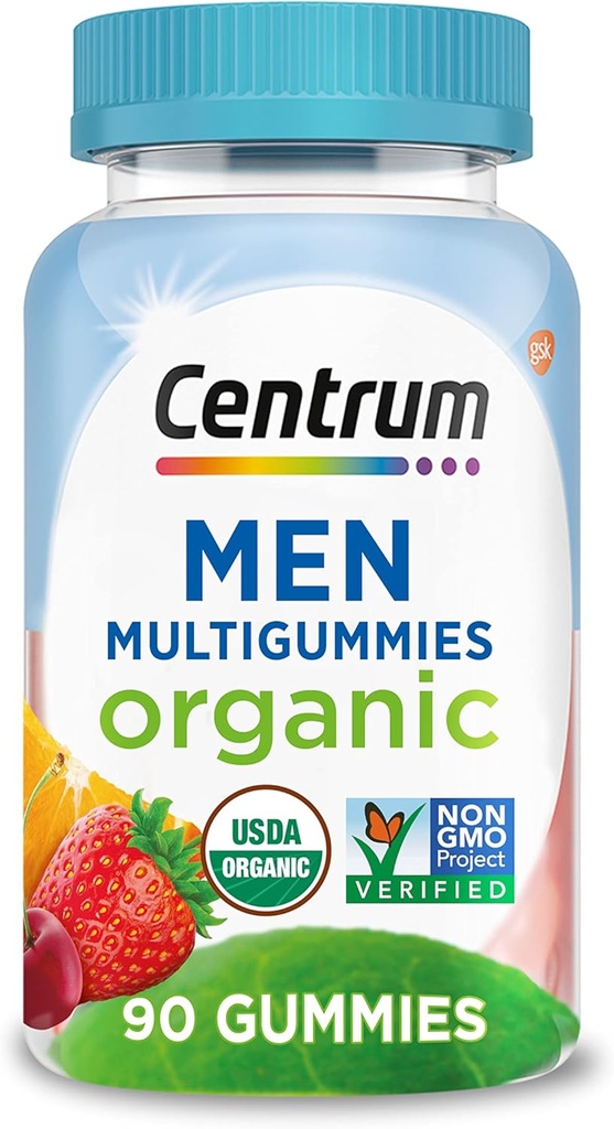 Multigums organiques pour hommes Centrum, multivitamines pour hommes, multivitamines organiques pour hommes avec nutriments essentiels pour le soutien immunitaire, l'énergie et la fonction musculaire - 90 Comte
