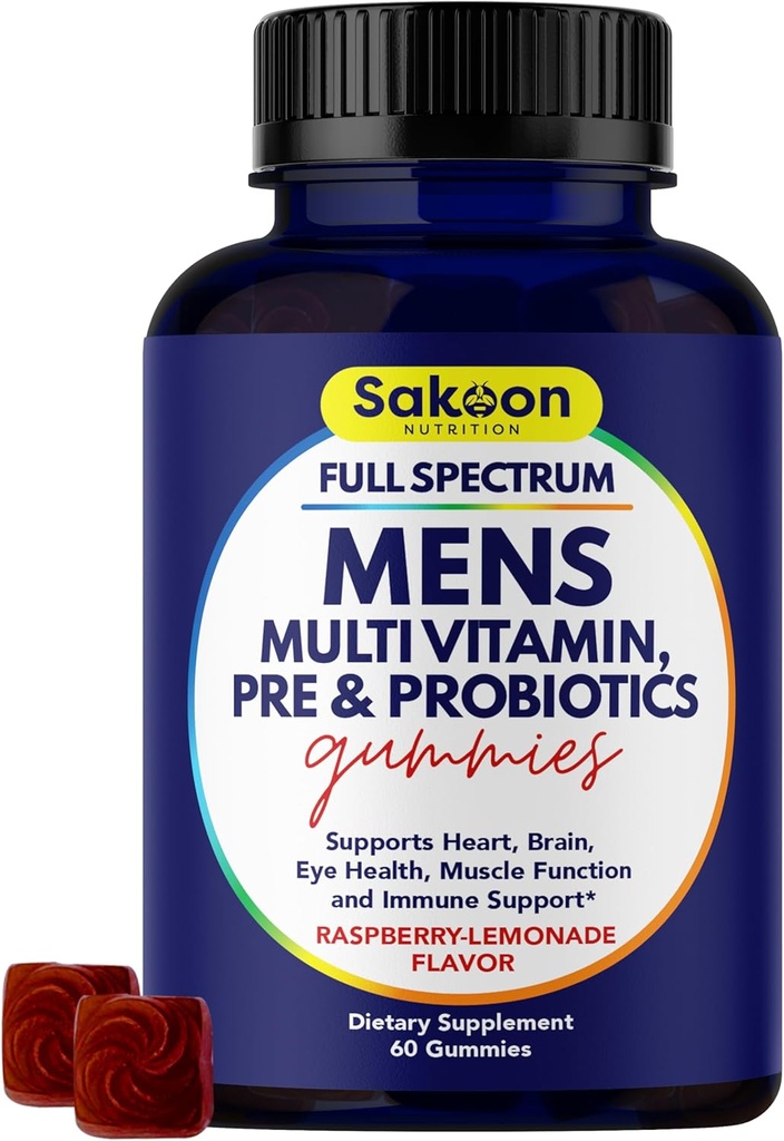 Sakoon nutrition Men's Multivitamin Gummies with Probiotics and Prebiotics, Adult Multivitamin A, C, D, E, B & More, Support Immune, Energy, Health, 60 Count