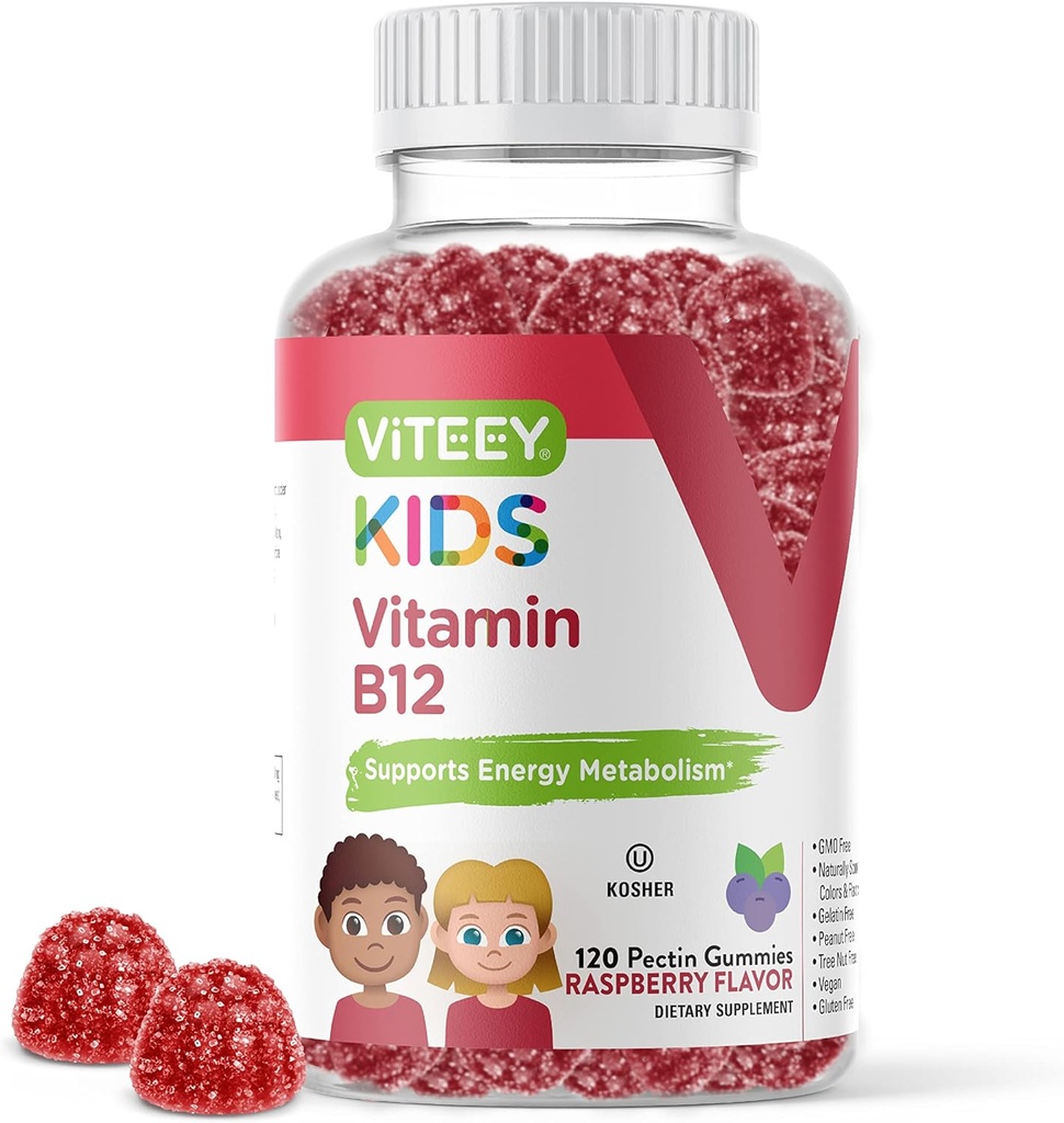 Viteey Vitamine B12 pour les enfants Gummies, 1000mcg - Métabolisme, Soutien de l'énergie naturelle - Vegan, Sans gélatine, Sans gluten, Sans OGM - Gummy aromatisé aux framboises