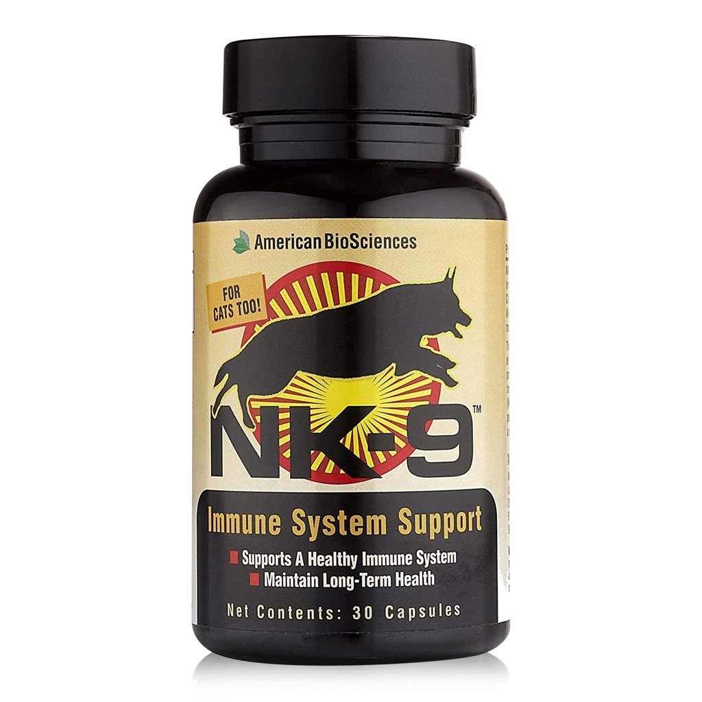 American BioSciences NK-9, Supplément AHCC pour chiens et chats - Supplément diététique pour soutenir le système immunitaire - Fabriqué pour les défenses immunitaires d'animal - 30 capsules, 250mg/capsule