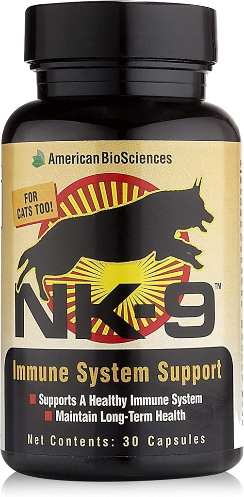 American BioSciences NK-9, Supplément AHCC pour chiens et chats - Supplément diététique pour soutenir le système immunitaire - Fabriqué pour les défenses immunitaires d'animal - 30 capsules, 250mg/capsule