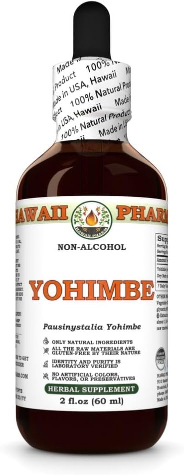 Yohimbe (Pausinystalia Yohimbe) Glycérite à écorce sèche, fabriqué à Hawaii, tout naturel, végétalien, laboratoire testé extrait liquide sans alcool - 2 fl.oz