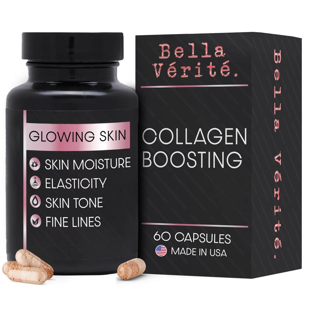 Supplément de collagène quotidien Bella Vérité pour les femmes et les hommes - Vitamines essentielles pour une santé globale, radiante et juvénile - Soutien Peau glorieuse et lisse, Réduire les rides et la sécheresse (60 capsules)