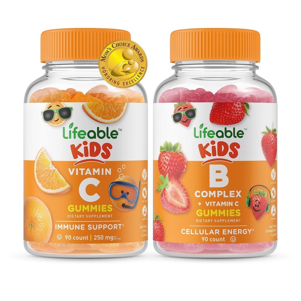 Vitamine C Lifeable Kids + B Complex Kids, Gommies Bundle - Grande dégustation, supplément de vitamine, sans gluten, sans OGM, gommy à croquer