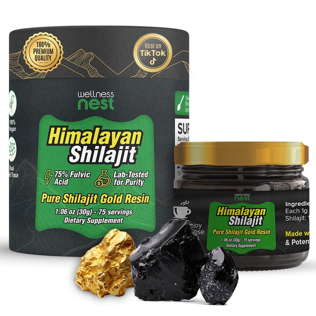 Wellness Nest Gold Grade Pure Himalayan Shilajit Resin: Ultimate Potency for Men & Women - 24k Gold, 75%+ Acid Fulvic, rapport de test de laboratoire inclus - 30g (1 Pack), 75 portions