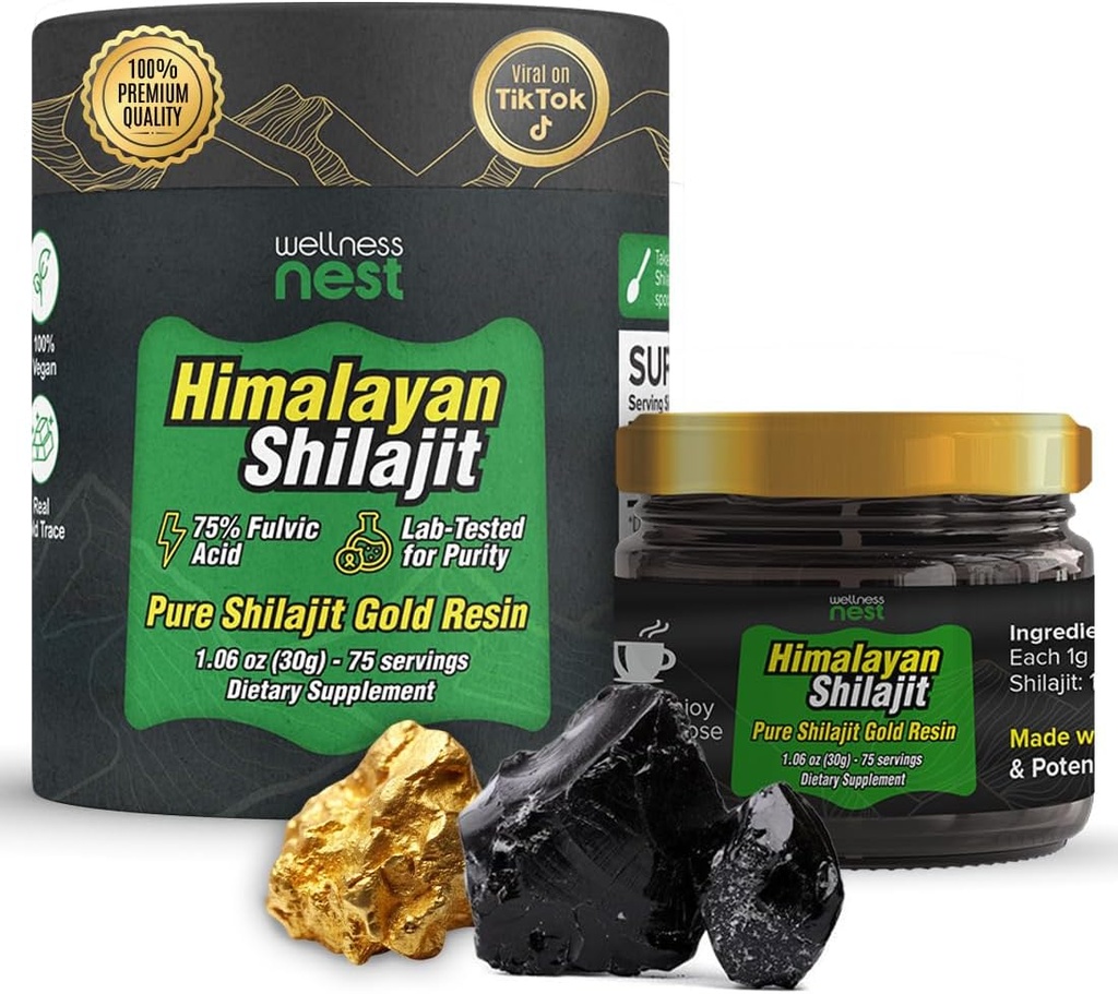 Wellness Nest Gold Grade Pure Himalayan Shilajit Resin: Ultimate Potency for Men & Women - 24k Gold, 75%+ Acid Fulvic, rapport de test de laboratoire inclus - 30g (1 Pack), 75 portions