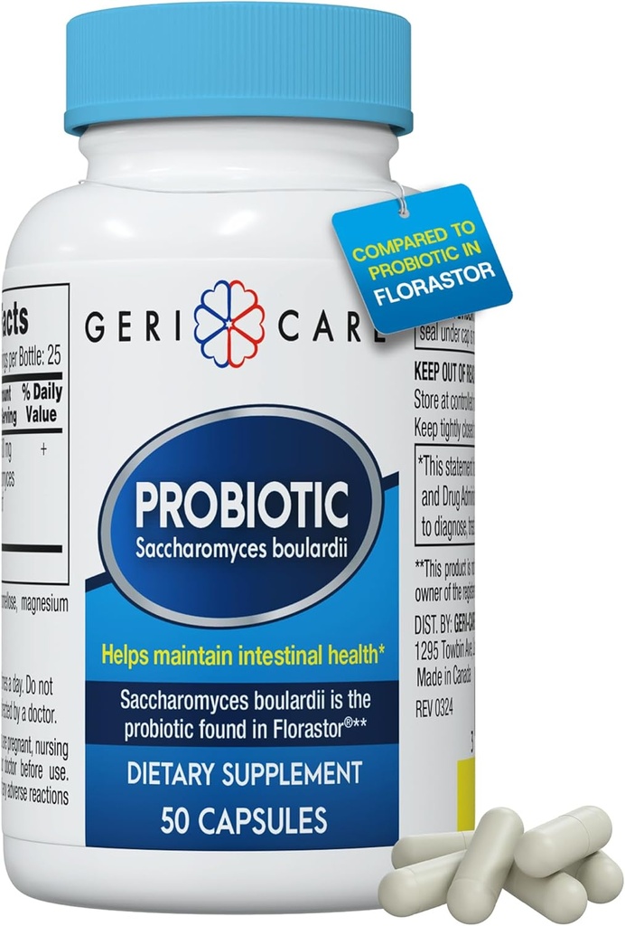 GeriCare S. Boulardii Probiotique Saccharomyces Boulardii - Probiotiques pour la santé digestive pour les femmes et les hommes - 500mg - Comparer à l'ingrédient actif dans Florastor Probiotic Gut Formula (50 Capsules)