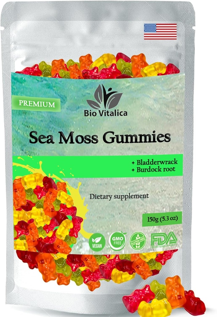 Moussole de mer Gummies - Mer irlandaise Moss cru Organique, Bladderwrack, root de Burdock. Contient gel de mousse de mer et poudre. Superaliments pour Vegan, Keto et Dr Sebi Diet. Immune Boosting (1, original)