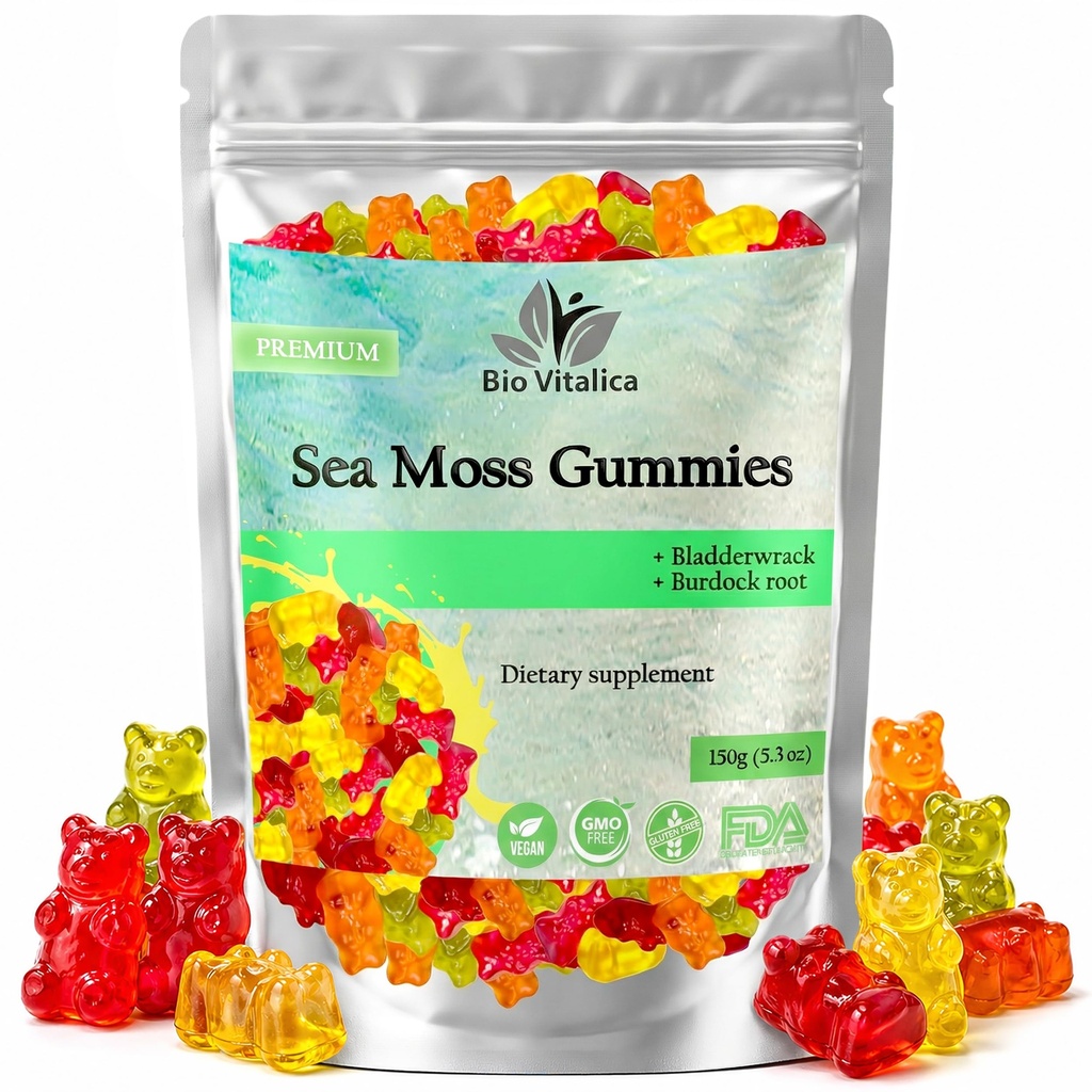 Moussole de mer Gummies - Mer irlandaise Moss cru Organique, Bladderwrack, root de Burdock. Contient gel de mousse de mer et poudre. Superaliments pour Vegan, Keto et Dr Sebi Diet. Immune Boosting (1, original)
