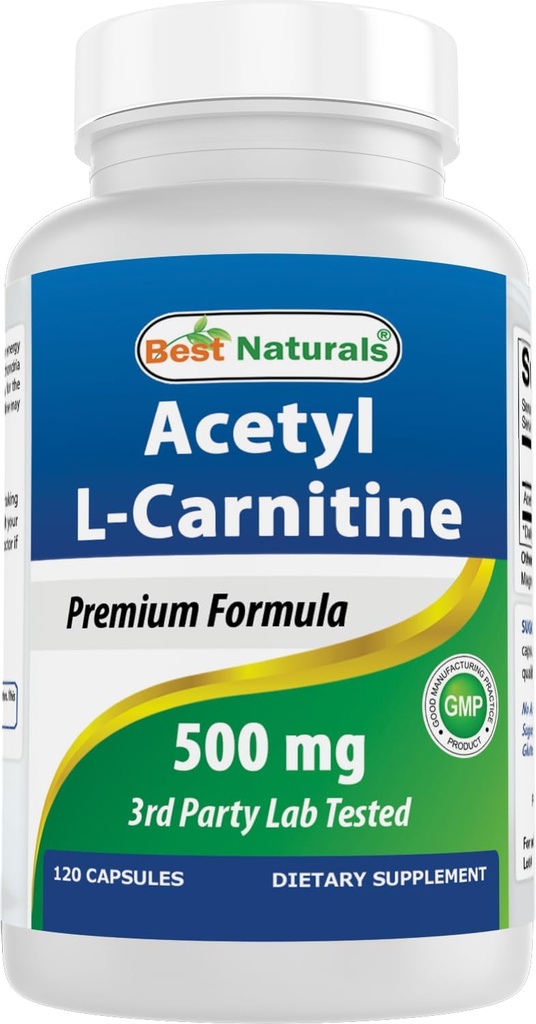 Best Naturals Acétyl L-Carnitine (ALCAR) 500mg, 120 capsules, 120 portions - Sans OGM et sans gluten, 1 gélule par portion