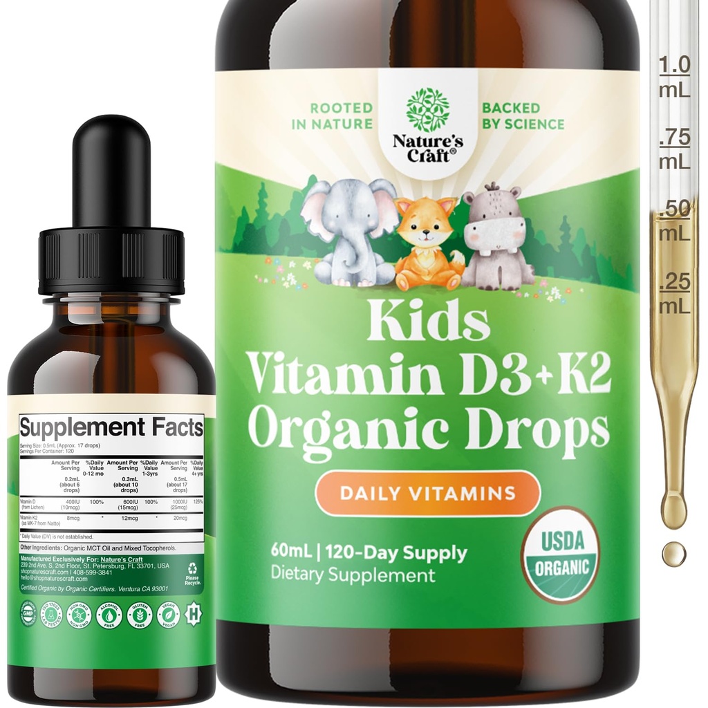 Natures Craft Kids Vitamine D3 K2 gouttes - Vitamine D biologique pour les enfants pour les os forts et les articulations - Bébés, Bébés et Bébés Imune Soutien gouttes Supplément liquide - 60 ml bouteille