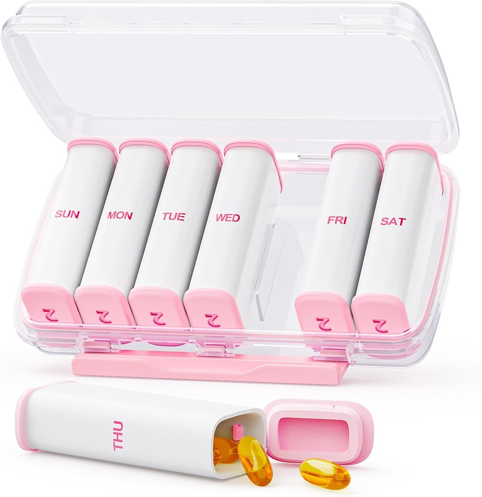 Pink Weekly Pill Organizer 2 fois par jour avec double Damp-Proof Design, Portable AM PM Pill Box 7 Day, Détachable Pill Case pour Pocket, Purse, Grand Pill Container pour les vitamines, Huiles de poisson