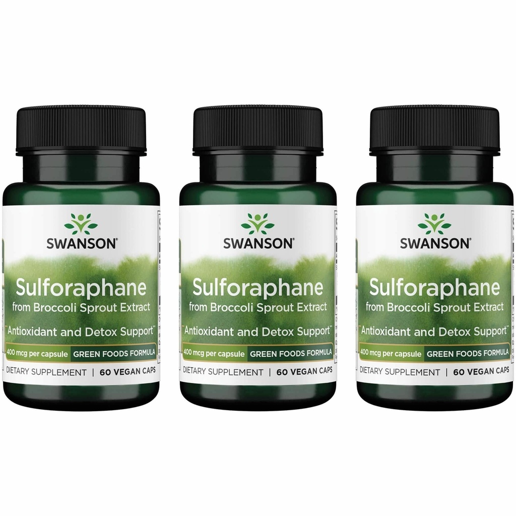 Sulforaphane de Swanson - Extrait de sprout de brocoli soutenant la santé cellulaire, IG et hépatique - Supplément naturel normalisé à 0,4 % de sulforaphane - (60 gélules de Veggie, 400 mcg chacune) (3 boîtes)
