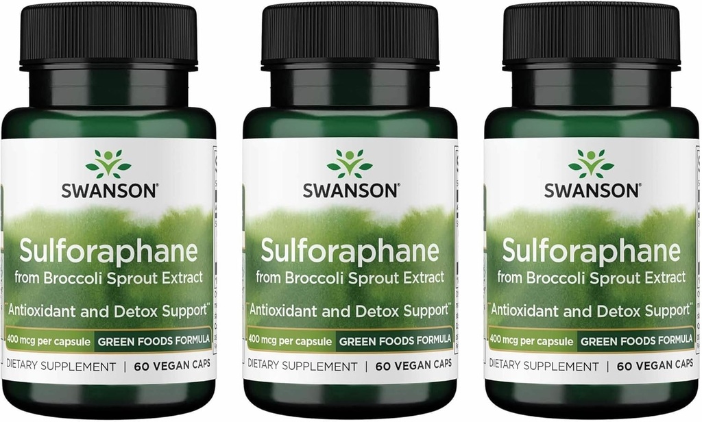 Sulforaphane de Swanson - Extrait de sprout de brocoli soutenant la santé cellulaire, IG et hépatique - Supplément naturel normalisé à 0,4 % de sulforaphane - (60 gélules de Veggie, 400 mcg chacune) (3 boîtes)
