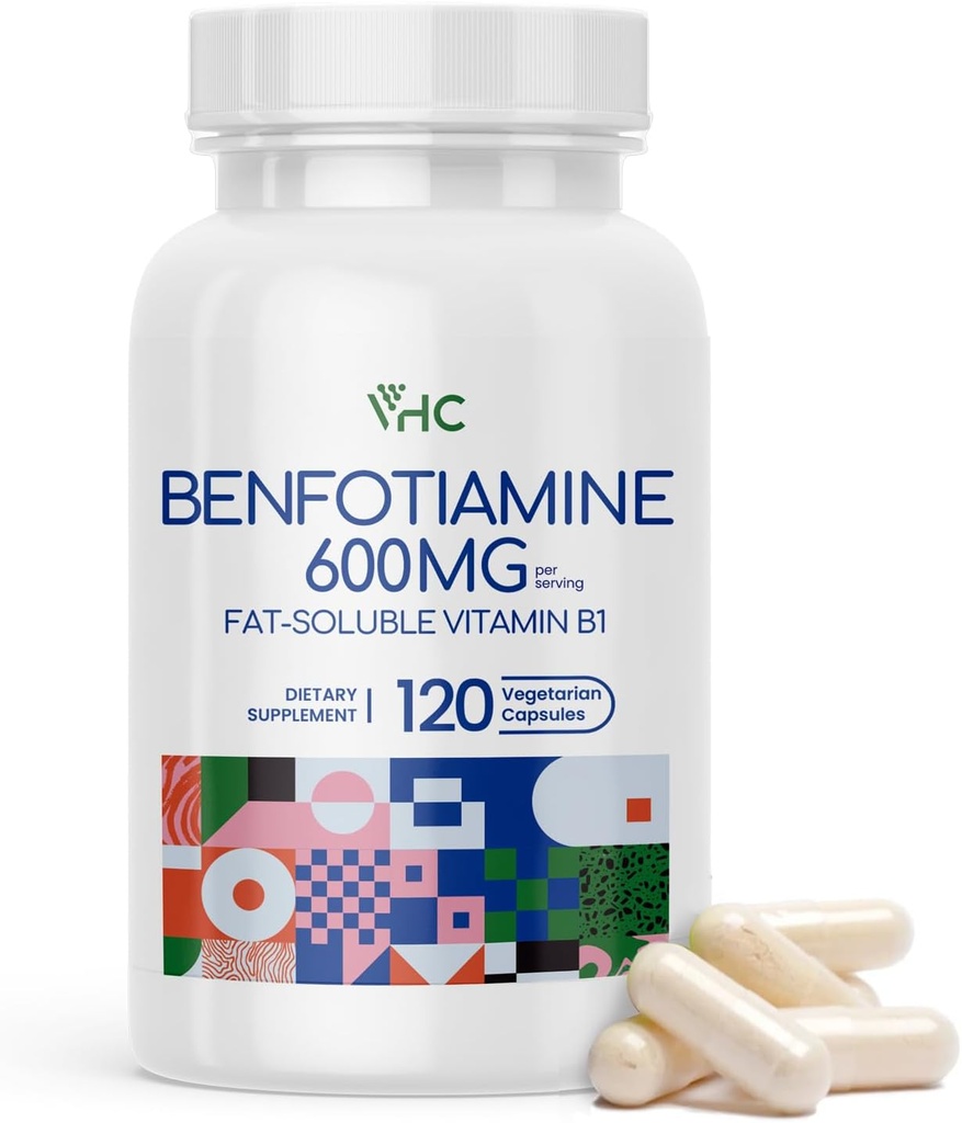 VHC Vitamine B1 Benfotiamine 600mg Supplément- 5X temps Fat-Soluble Thiamine Vitamine B1- Max Boost Biodisponible Thiamine B1 Niveaux-120 Capsules de légumes,Non-OGM, Sans soja- Fabriqué aux États-Unis