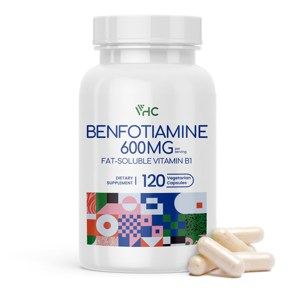 VHC Vitamine B1 Benfotiamine 600mg Supplément- 5X temps Fat-Soluble Thiamine Vitamine B1- Max Boost Biodisponible Thiamine B1 Niveaux-120 Capsules de légumes,Non-OGM, Sans soja- Fabriqué aux États-Unis