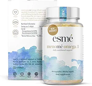 esmé menomé Omega 3 Soutien nutritionnel quotidien pour la périménopause, la ménopause et la postménopause 60 capsules 30 jours de complément alimentaire 660mg EPA et 440mg DHA par jour