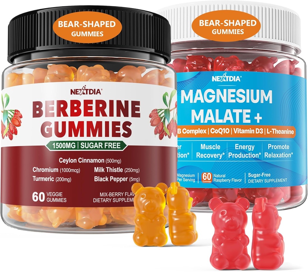 2Pack Berberine Supplément Gummies 1500mg + 2Pack Magnesium Malate avec CoQ10-100mg Gummies
