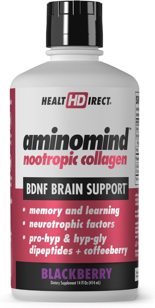 DIRECTION DE LA SANTÉ - Amino-Mind - Supplément de collagène nootropique pour la santé du cerveau et la FBDN - Dipeptides pro-hyp et hyp-gly, antioxydants des baies de café - BlackBerry - 14 Fl Oz (28 portions)
