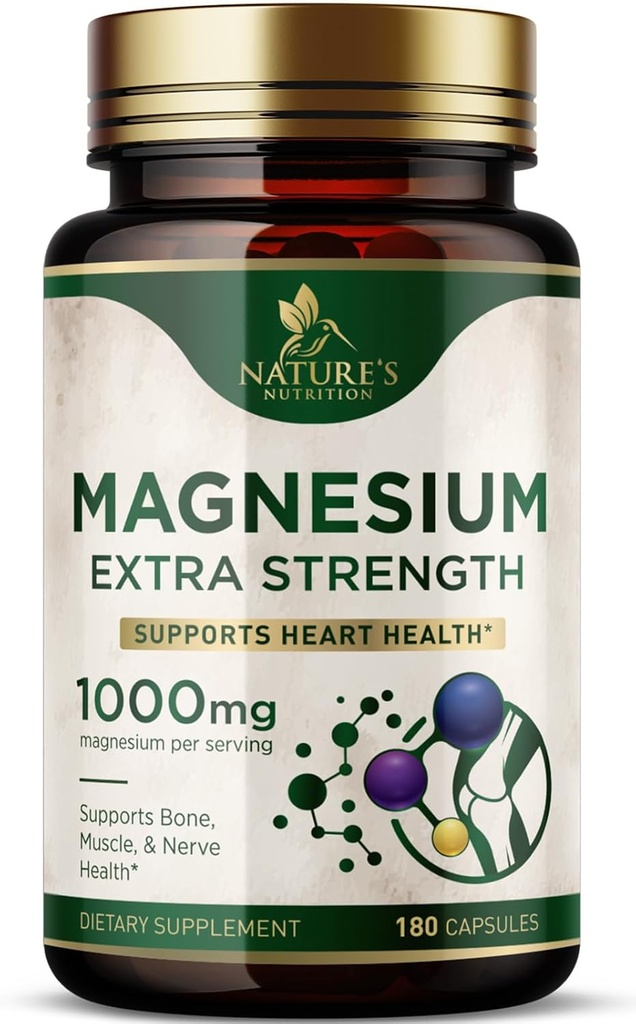 Magnesium Mineral Supplement 1000 mg - High Potency Magnesium Citrate for Bone, Heart Health, Nerves & Muscle Support, Nature's Magnesium Complex for Whole Body Support, Bottled in USA - 180 Capsules