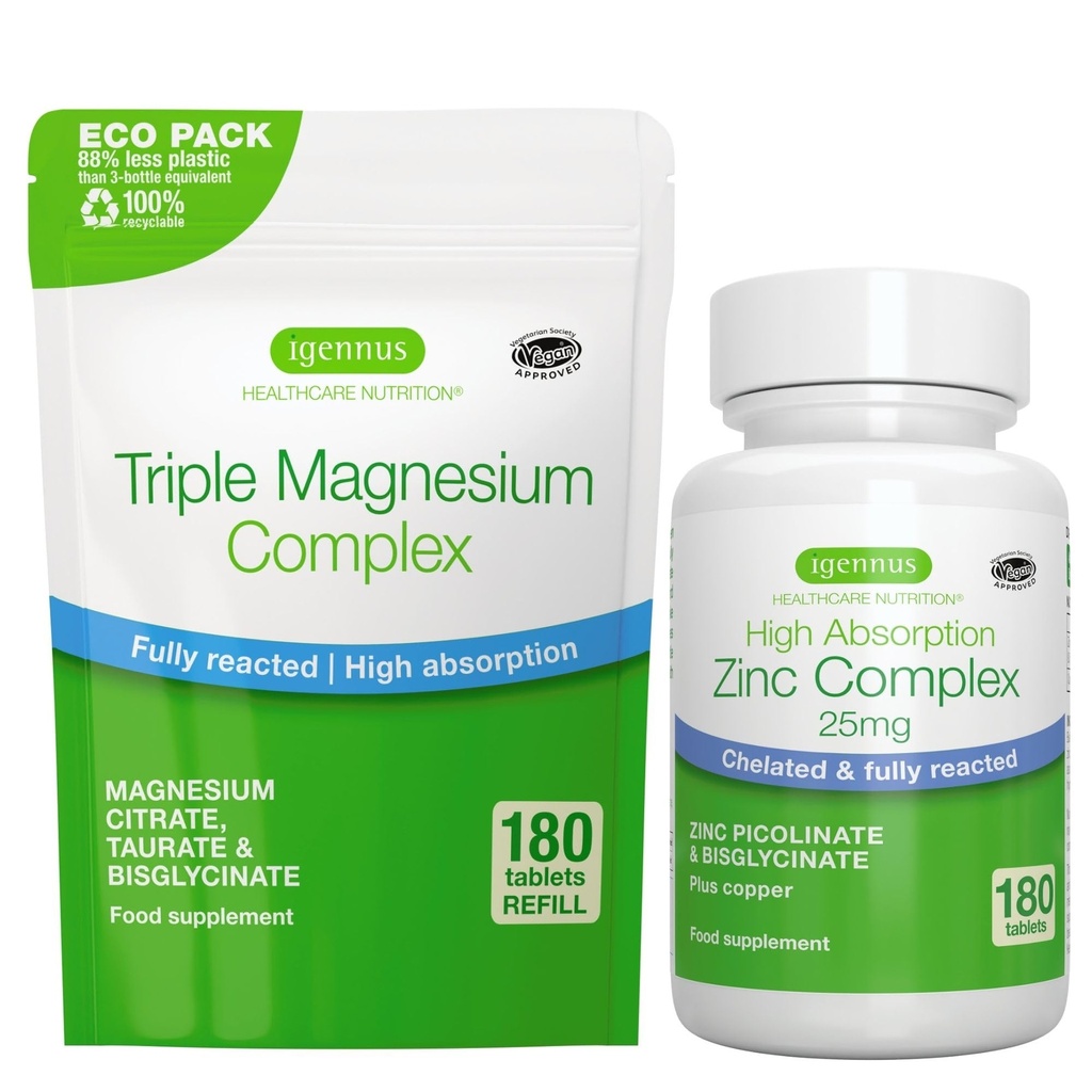 Comprimés Triple Magnésium Comprimés + Complexe zinc, Magnésium chélaté à haute absorption + 25mg Picolinate de zinc chélaté et bisglycinate avec cuivre, par Igennus