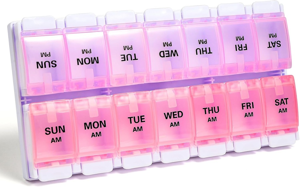 Sukuos AM PM Weekly Pill Organizer 7 Day, 2 Times A Day Medicine Pill Box with Easy Push Button, Boites de vitamines sans BPA pour l'huile de poisson / suppléments, facile à nettoyer (Purple&Pink)
