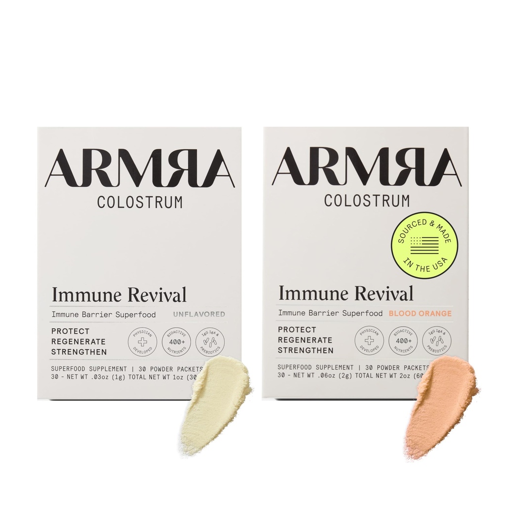 ARMRA ColostrumTM poudre premium, herbe, Gut Santé Bloating Immunity Peau et cheveux, contient 400+ nutriments bioactifs, kéto, gluten et sans gras (non aromatisé, groupe d'oranges sanguines) 60 portions