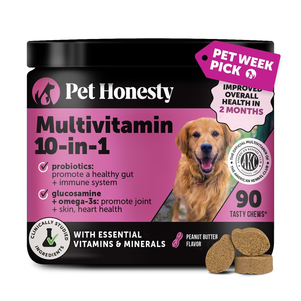 Supplément de chien multivitamine, glucosamine chondroïtine pour chiens, probiotiques, huile de poisson oméga, suppléments de chien et vitamines, vitamines pour la peau et les allergies du manteau, (Peanut Butter 90 ct)