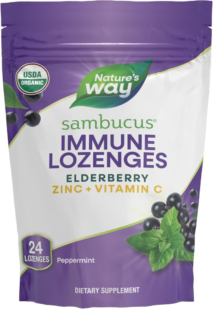 Nature Way Sambucus Zinc Lozenges avec la baie d'eau et la vitamine C, la menthe poivrée, 24 Lozenges