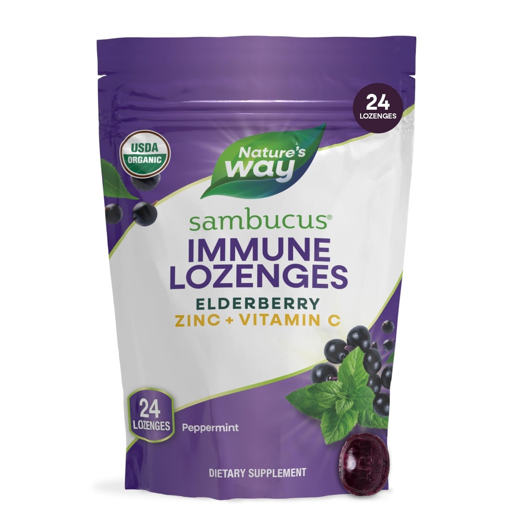 Nature Way Sambucus Zinc Lozenges avec la baie d'eau et la vitamine C, la menthe poivrée, 24 Lozenges
