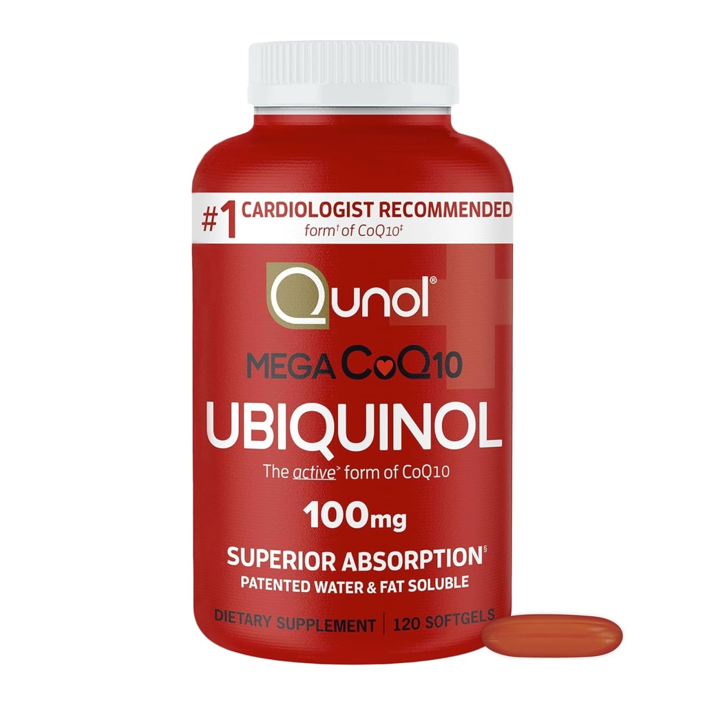 Qunol Mega Ubiquinol CoQ10 100mg, Absorption supérieure, eau brevetée et supplément naturel de graisse soluble Forme de Coenzyme Q10, Antioxydant pour la santé cardiaque, 120 Compte (paquet de 1) Softgels