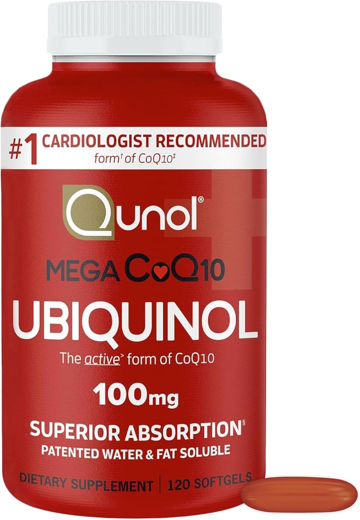 Qunol Mega Ubiquinol CoQ10 100mg, Superior Absorption, Patented Water and Fat Soluble Natural Supplement Form of Coenzyme Q10, Antioxidant for Heart Health, 120 Count (Pack of 1) Softgels