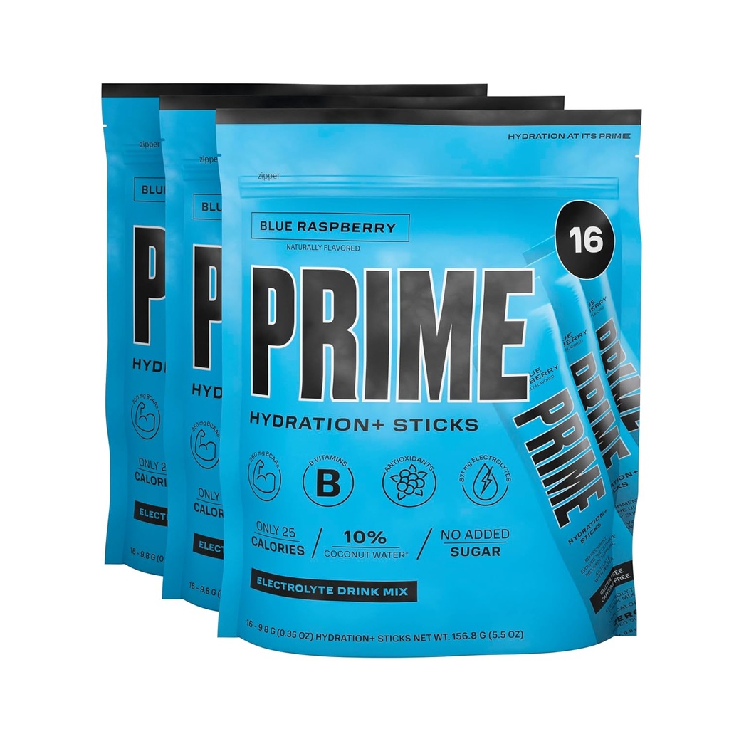 HYDRATION PRIME+ Sticks Blue Framboise , Poudre d'hydratation Bâtons de service simple , Poudre d'électrolyte sur le Go , 250mg BCAAs , B Vitamines , Antioxydants , Sucre faible , Sans caféine , Vegan 48 Sticks