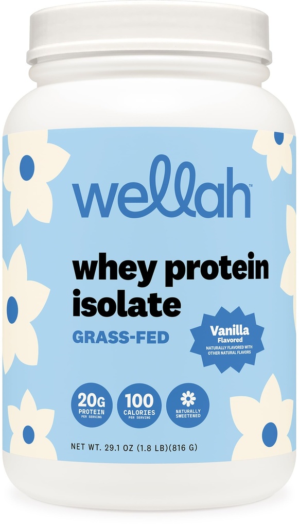 Wellah Grass-Fed Whey Protein Isolate (Vanilla) 30 Servings - 20g of Protein, 100 Calories Per Serving, Naturally Sweetened