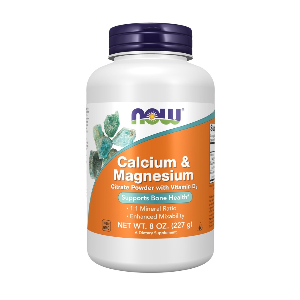 MAINTENANT Compléments alimentaires, poudre de citrate de calcium et de magnésium avec vitamine D3, soutient la santé osseuse*, 8-Ounce