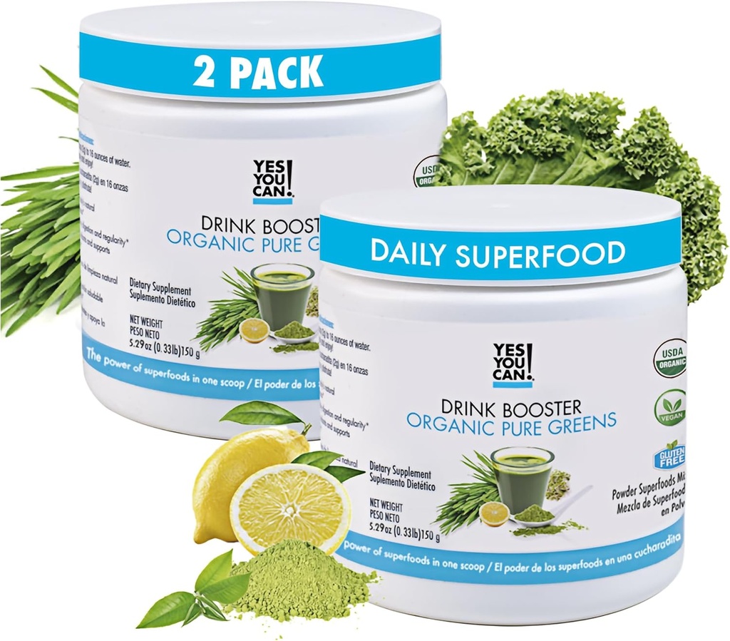 Oui, vous pouvez ! Boissons Booster - Bio Greens Superfood Powder Drink Mix - 2 Pack avec Alfalfa Grass, Wheatgrass, Kale, Orge, Poudre de jus de citron - Riche en antioxydants, vitamines et minéraux.