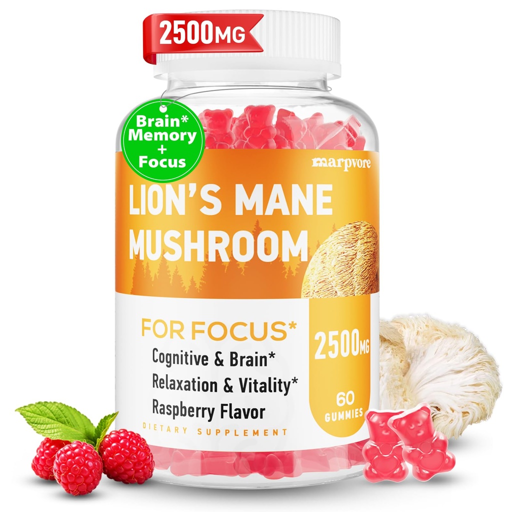 Lions Mane Gummies, Organic Lion's Mane, Lions Mane Gummies pour adultes, avec Ashwagandha & Alpha GPC, Suppléments de Cortisol pour femmes et hommes, 60 comtes