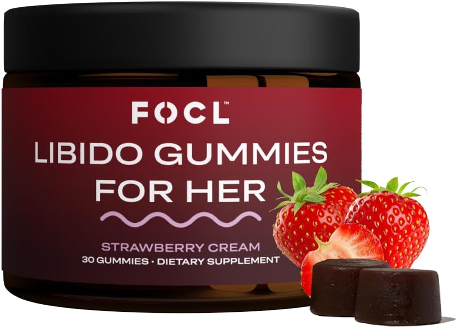FOCL Female Libido Booster pour les femmes - stimuler le désir, l'excitation, l'énergie, aide à promouvoir l'équilibre hormonal - Horny Goat Weed, Fenugreek & Green Tea (30 Gummies Strawberry Cream)