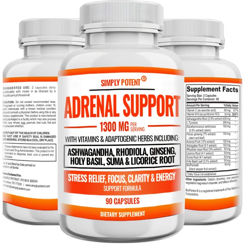 Soutien adrénal et Cortisol Manager - 90 capsules, supplément santé adrénal avec Ashwagandha, racine de réglisse, Rhodiola Rosea, Ginseng, Saint basilic pour la fatigue adrénale pour les femmes et les hommes