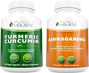 Curcumine curcumine curcuma biologique 700mg & Bioperine + Ashwagandha biologique 1300mg & Poivre noir - Ensemble végétalien - 120 + 180 Capsules - Fabriqué aux États-Unis