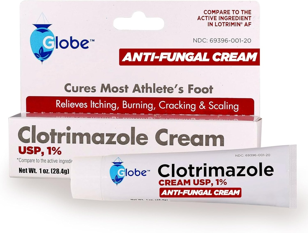 Globe Clotrimazole Crème Antifongique 1% USP (1 oz), Traitement Anti Fongique, Soulage les démangeaisons, brûlures, cracking et scalping Athlètes associés Pied, Jock Ditch, Ringworm et plus