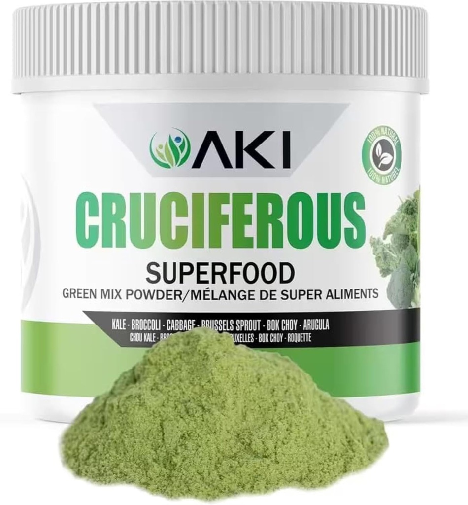 AKI Cruciferous poudre de mélange vert - Fabriqué à partir de Kale, Brocoli, Bruxellois Sprouts, Cabotage - emballé avec des phytonutriments essentiels et des vitamines ((5.3oz/150g))