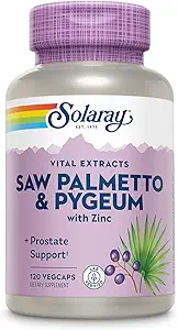 Solaray Saw Palmetto et Pygeum - Saw Palmetto pour les hommes et Pygeum Bark - avec Zinc, vitamine B6, graines de citrouille et acides aminés - Suppléments de la prostate pour les hommes avec/Beta Sitostérol, 30 portions, 120 VegCaps
