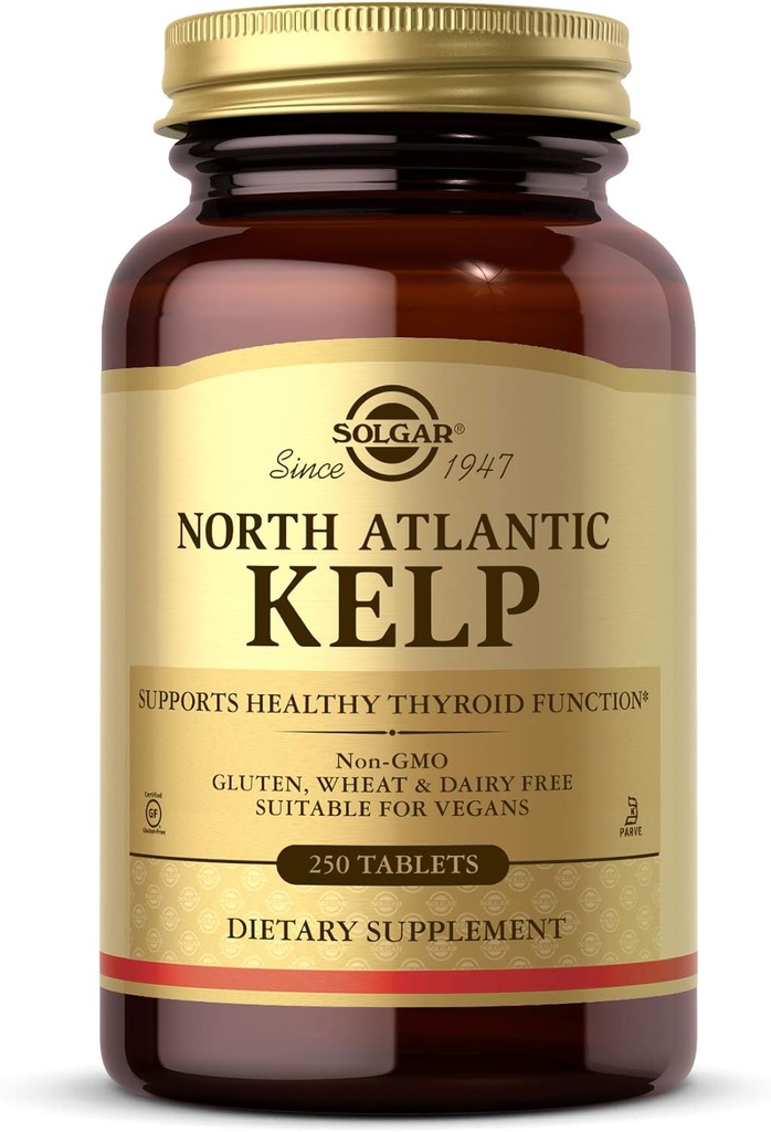 Solgar North Atlantic Kelp, 250 comprimés - Source naturelle d'iode - Soutient une fonction thyroïdienne saine - Sans gluten, sans lait, sans casher - 250 portions