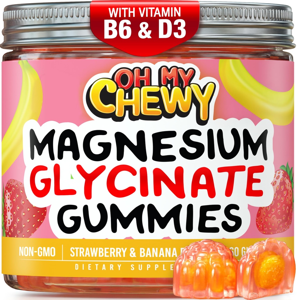 Gommies glycinées de magnésium au centre 400MG - Absorption élevée pour les enfants, les adolescents et les adultes - Supplément pour le sommeil, le calme et la relaxation musculaire avec B6 & D3 - Sans gluten et respectueux des végétaux - 60 Compte