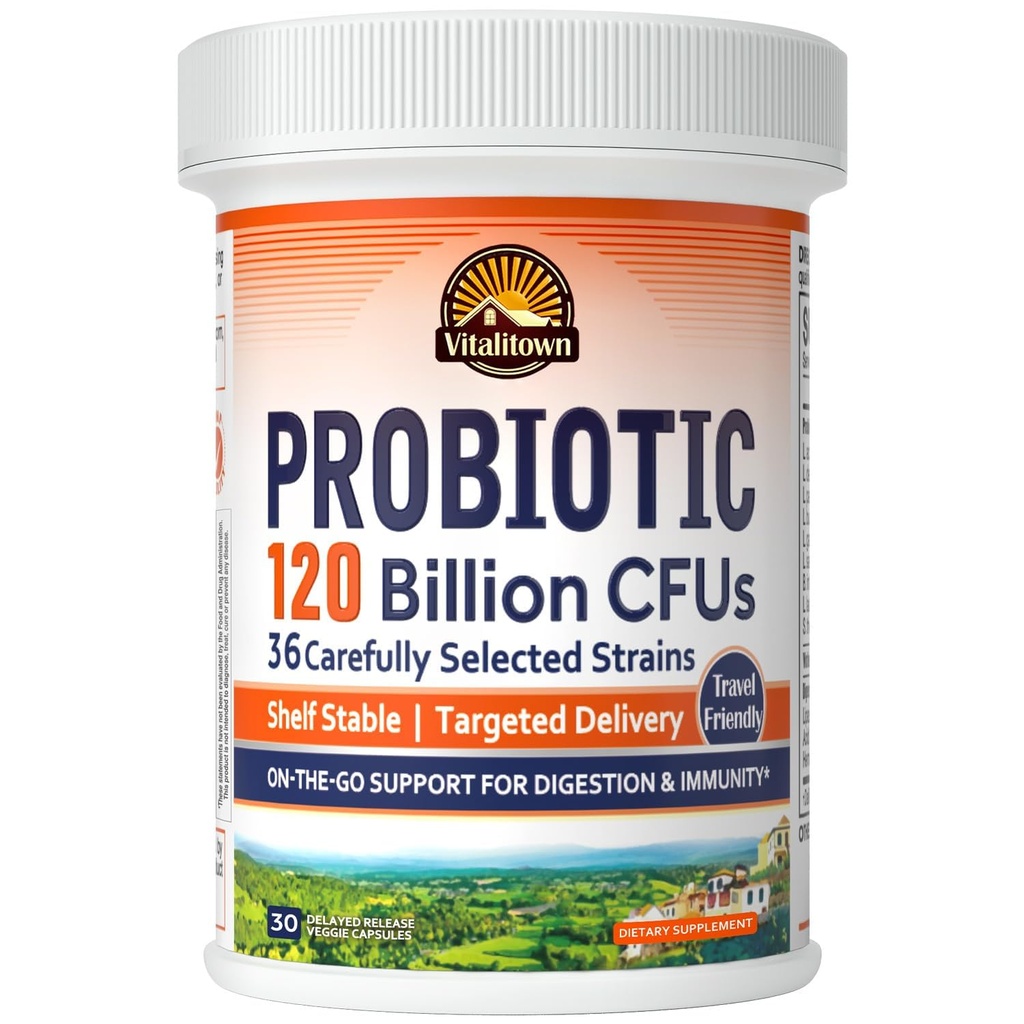 Probiotiques Vitalitown 120 milliards d'UFC, 36 souches, prébiotiques, enzymes digestives pour les hommes femmes, libération retardée, stabilité de la plate-forme, appui digestif sur le go, 30 capsules de veg